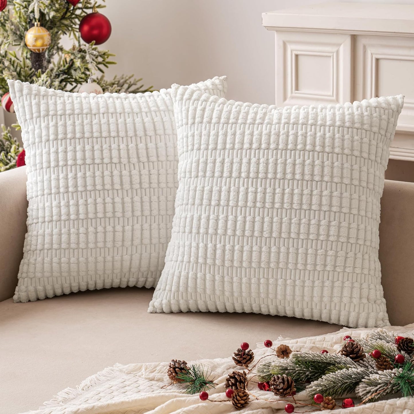 MIULEE Corduroy Throw Pillow Covers - Soft Boho Striped Design, 20x20 Inch, Pure White | Modern Farmhouse Decor