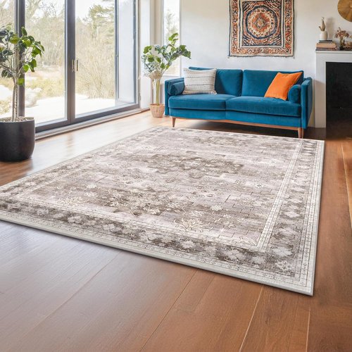 Hazo Haus Washable Area Rug - Non-Slip Boho Vintage Floral Design | 5x8 Beige/Latte for Living Room & Nursery