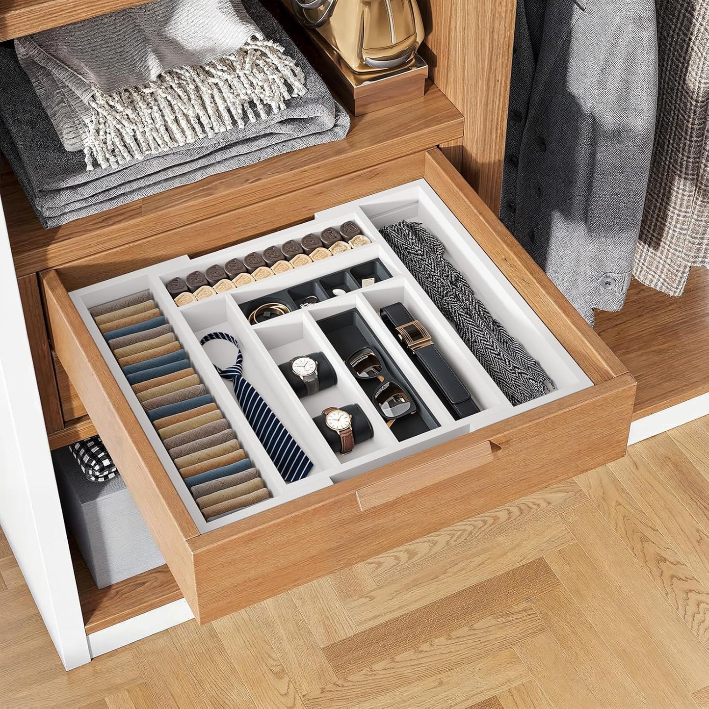 Pipishell Bamboo Drawer Organizer - Adjustable Utensil Holder & Cutlery Tray | White Wood Dividers