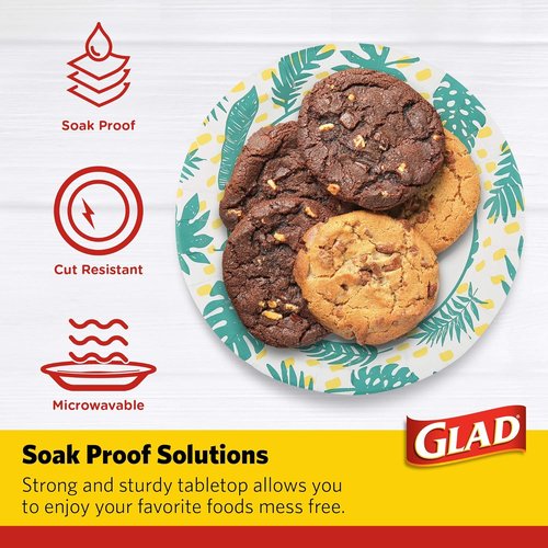 Glad Round Disposable Paper Plates - Soak Proof & Cut Resistant - Palm Leaves Pattern, 10 Inch, 50 Count