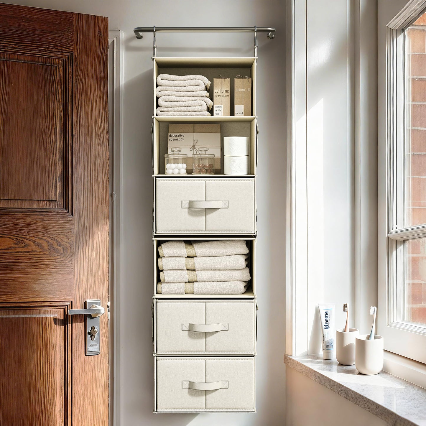 Vailando 6-Shelf Hanging Closet Organizer with 3 Drawers, 2 Separable 3-Shelf Closet Organizers and Storage for Wardrobe Organization, Hanging Dresser for Nursury & Dorm Clothes Organizer, Beige