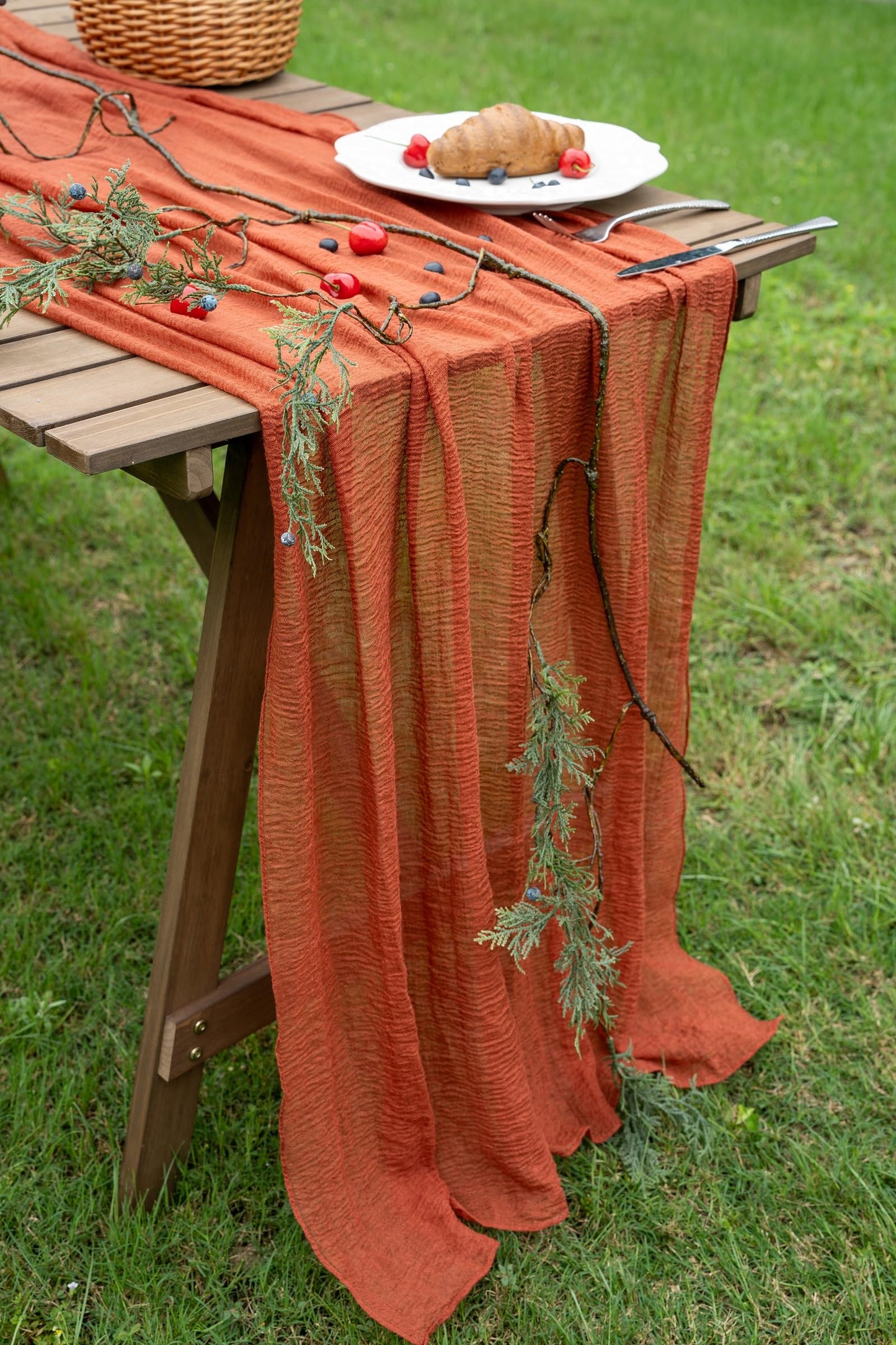 Keketoarrange 10pcs Fall Terracotta Table Runner Rust Gauze Rustic Cheesecloth 120 Inch 10 FT for Wedding Baby Shower Bridal Shower Birthday Engagement Garden Party Sheer Boho Thanksgiving Decorations