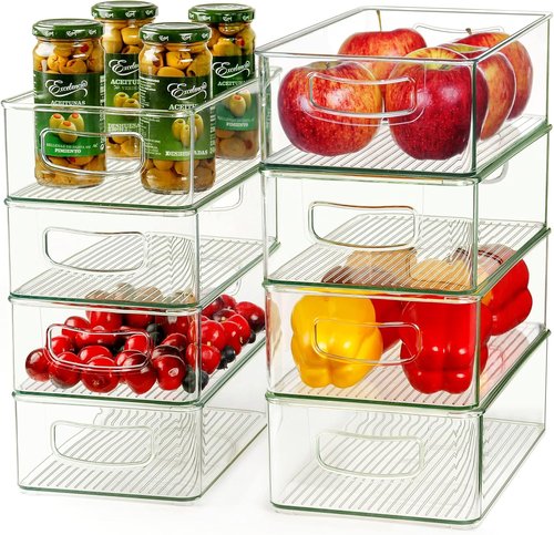 Hudgan Clear Storage Bins - 8 Pack Stackable Organizer Set for Kitchen, Pantry & Bathroom | Large & Medium Sizes