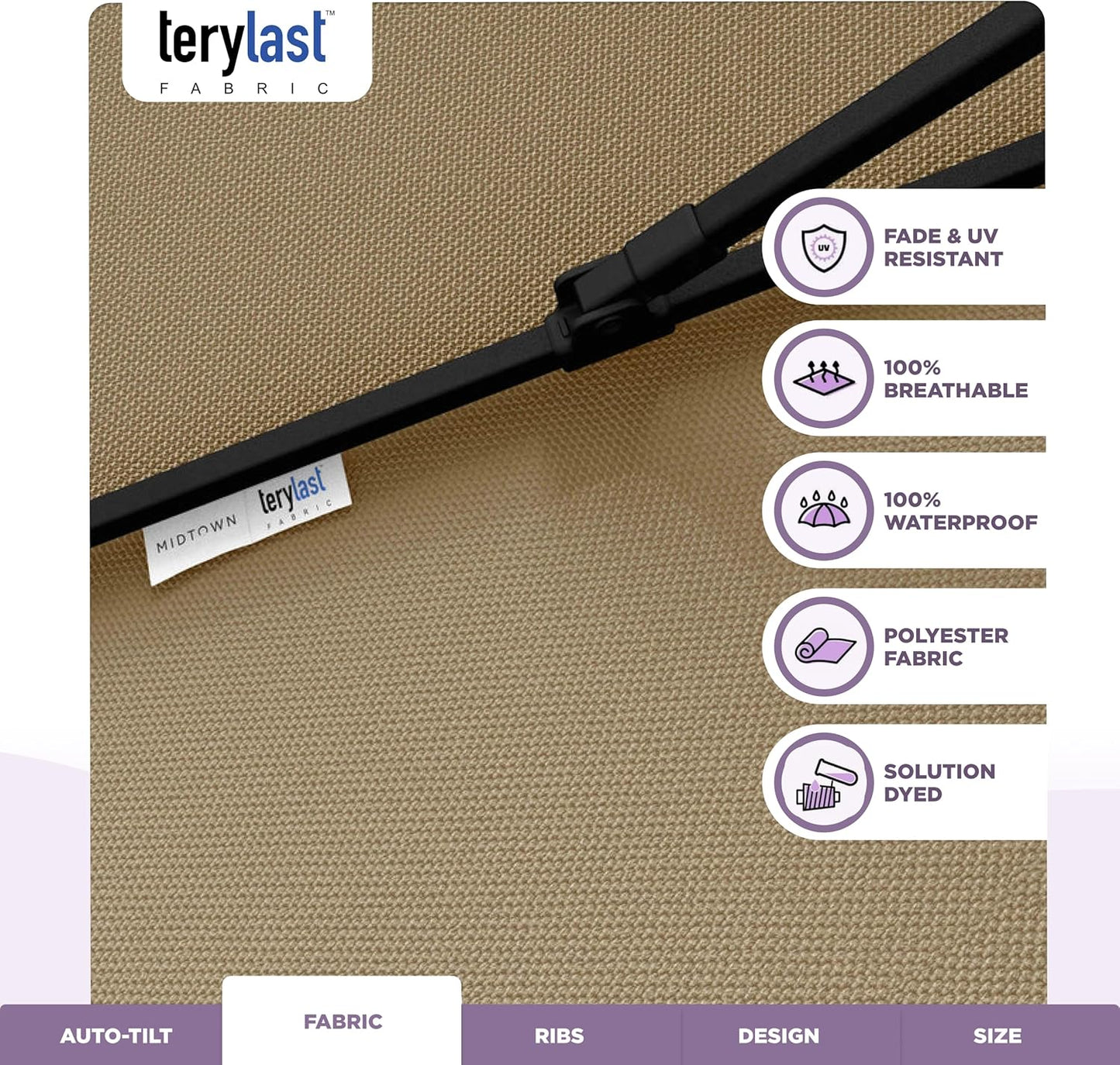 Midtown Umbrellas 9 Ft Patio Umbrella - 10-Year No-Fade Terylast Fabric, Auto-Tilt Frame | Chestnut Beige Canopy, Black Pole
