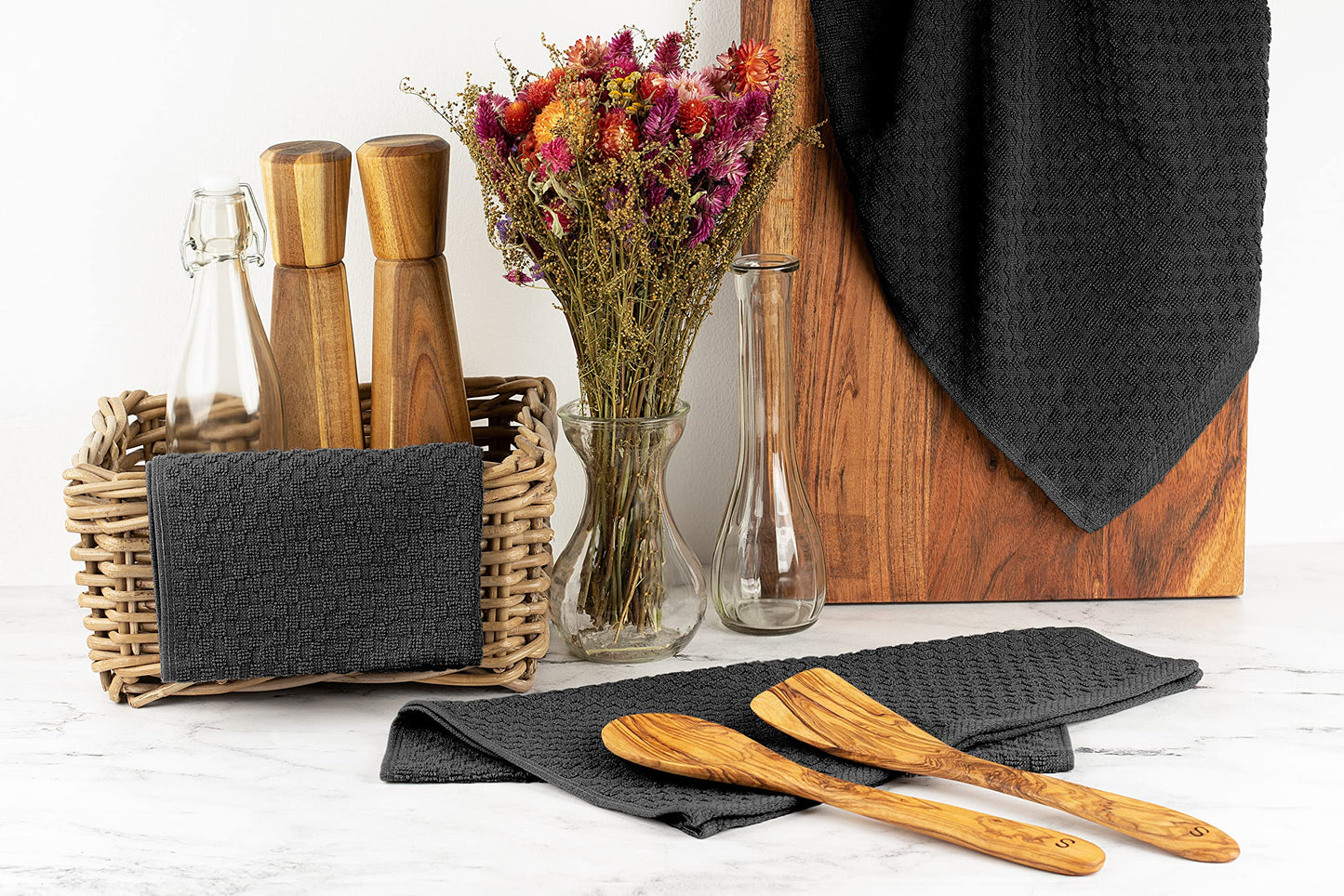 Wealuxe Super Absorbent Kitchen Towels 12 Pack - Premium 100% Cotton Kitchen Towels, 450GSM Thick Machine Washable Black Dish Towels for Kitchen Drying, Cleaning, Dobby Weave, Unmatched Quality