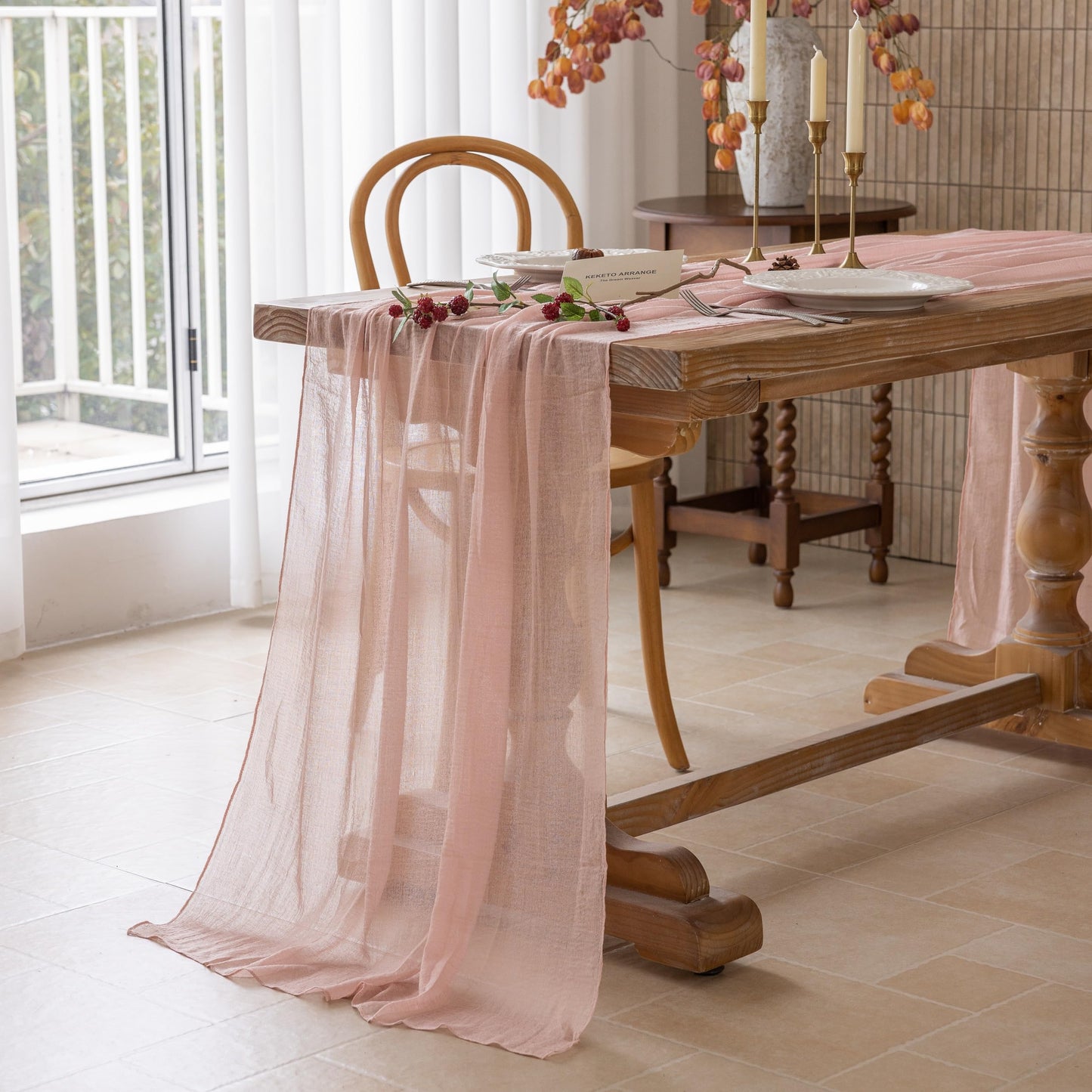 Keketoarrange 10pcs Dusty Pink Gauze Rustic Cheesecloth Table Runner 120 Inch 10 FT for Wedding Baby Shower Bridal Shower Birthday Engagement Garden Outdoor Party Long Sheer Boho Decorations