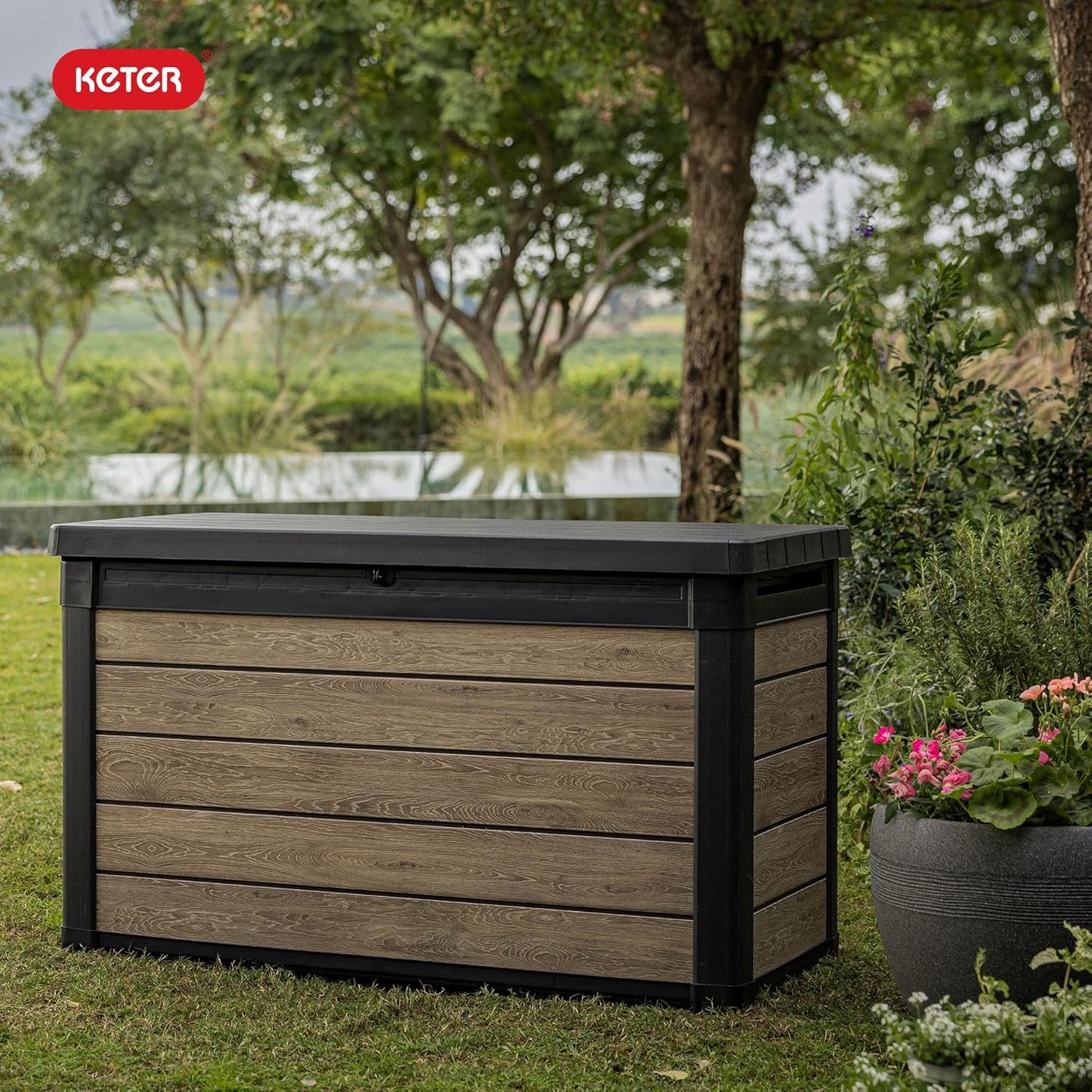 Keter Ashwood 100 Gallon Resin Deck Box - Outdoor Storage for Patio Furniture, Cushions & Tools | Brown