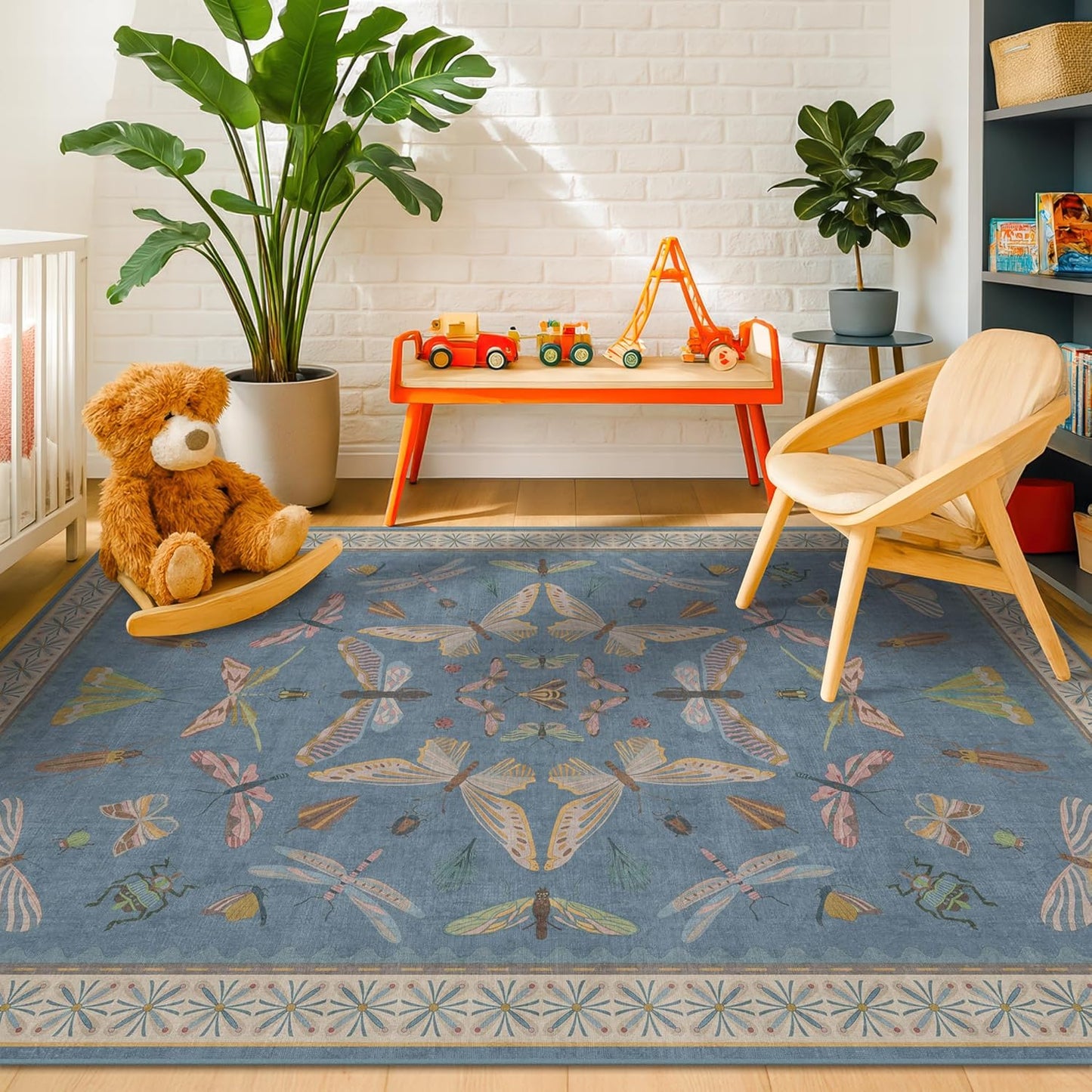 Skiennix Blue Washable Kids Playroom Rug - Super Soft 5x7 Area Rug for Nursery & Toddler Room Decor