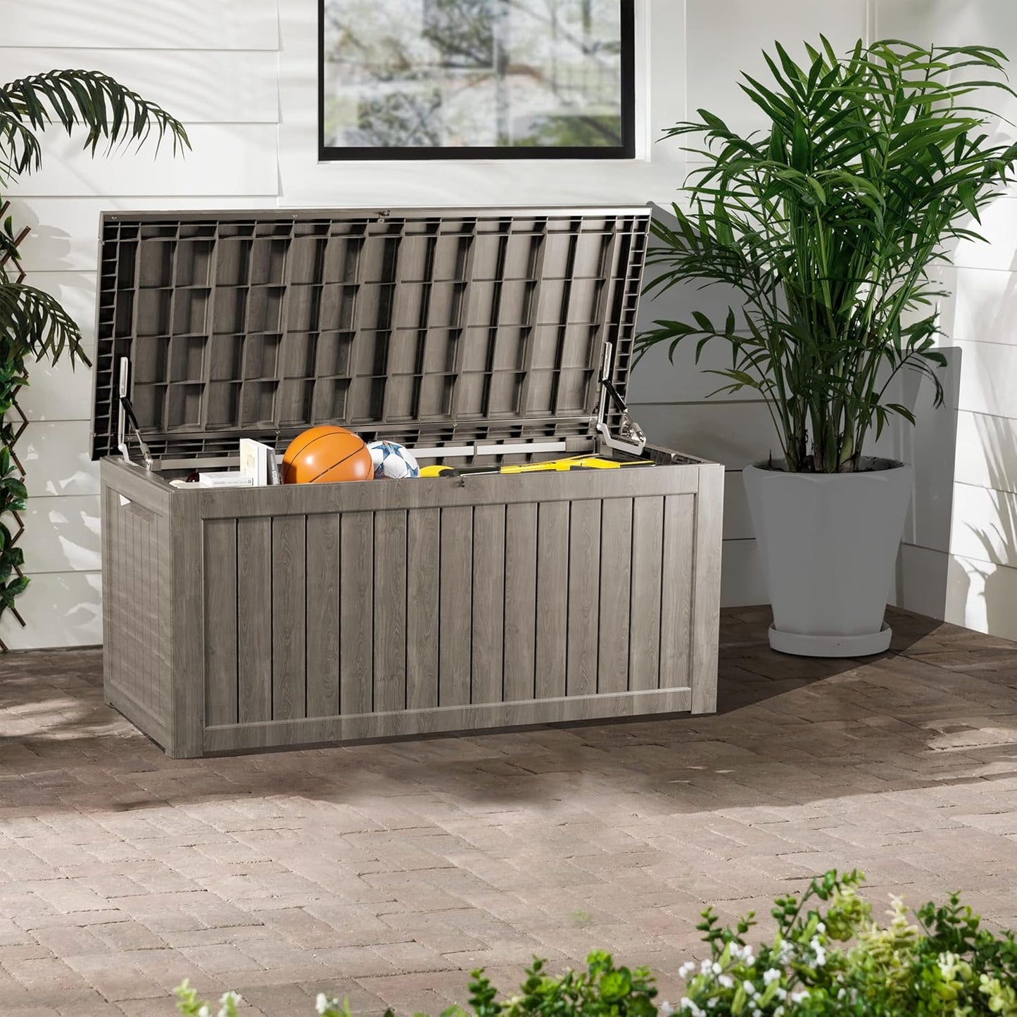 Regine Switzerland 270 Gallon Heavy Duty Deck Storage Box - Extra Large Organizer for Patio & Garden Tools | Slate Grey
