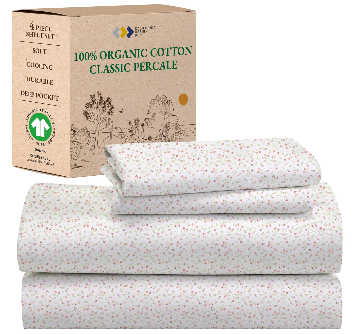 California Design Den Full Sheet Set Floral, 100% Organic Cotton Percale Sheets, Deep Pocket Full Sheets & Pillowcase Set - Floral