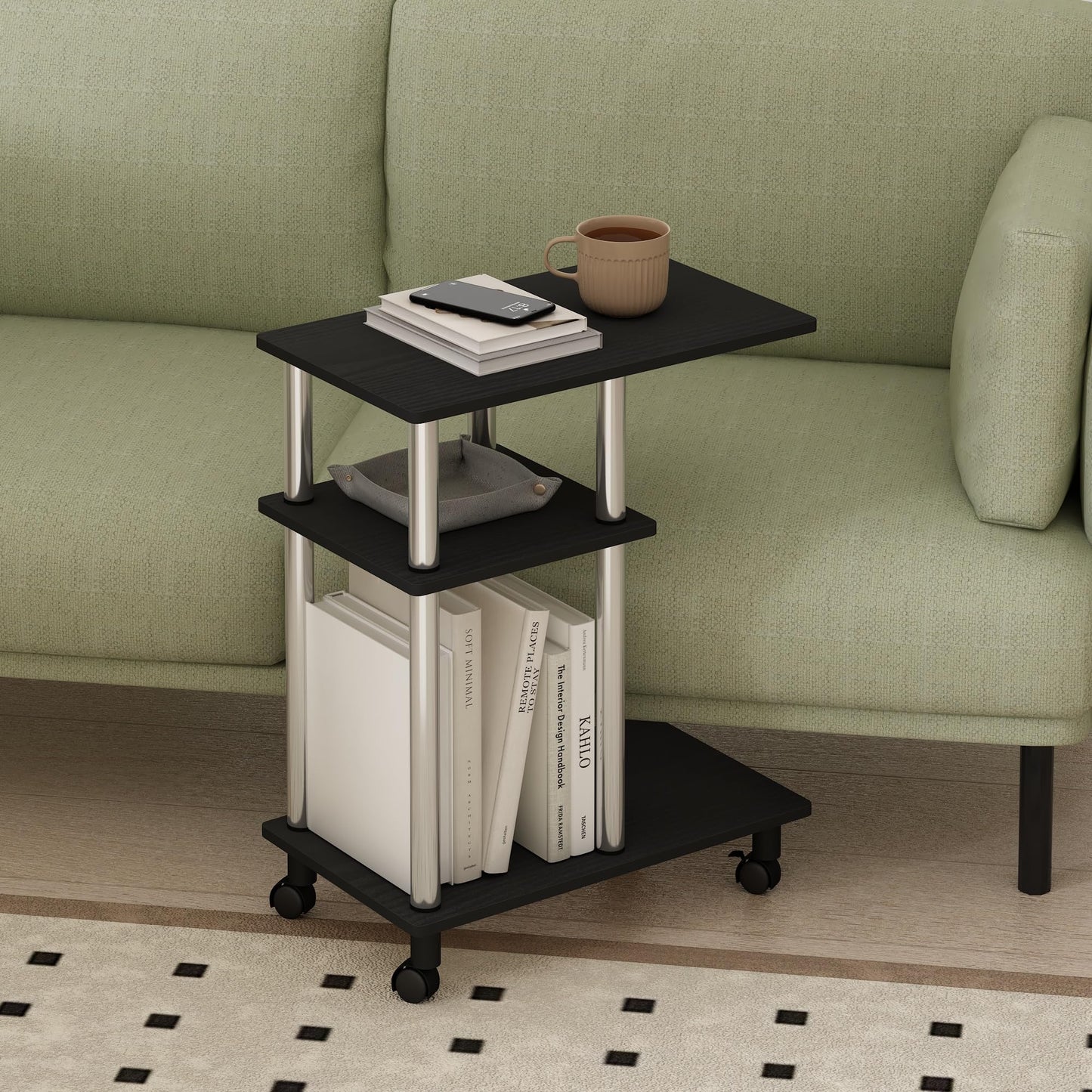 Furinno TOMI Side Table, 3-Tier C-Shape Open Shelf End Table with Wheels, Night Stand, Bedside Table, Toolless Assembly, for Living Room, Bedroom, Americano/Stainless Steel