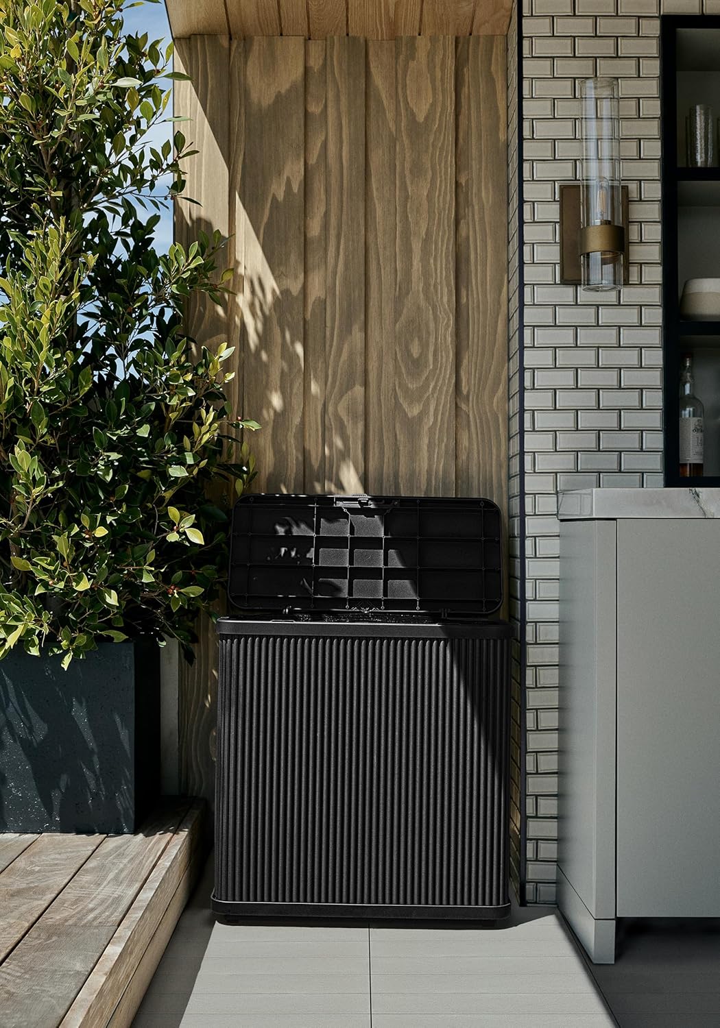 Veradek Tambour Series Outdoor Trash Can - All-Weather Waste Bin with Lid | 30 Gallon Dual Bag System for Patio & BBQs