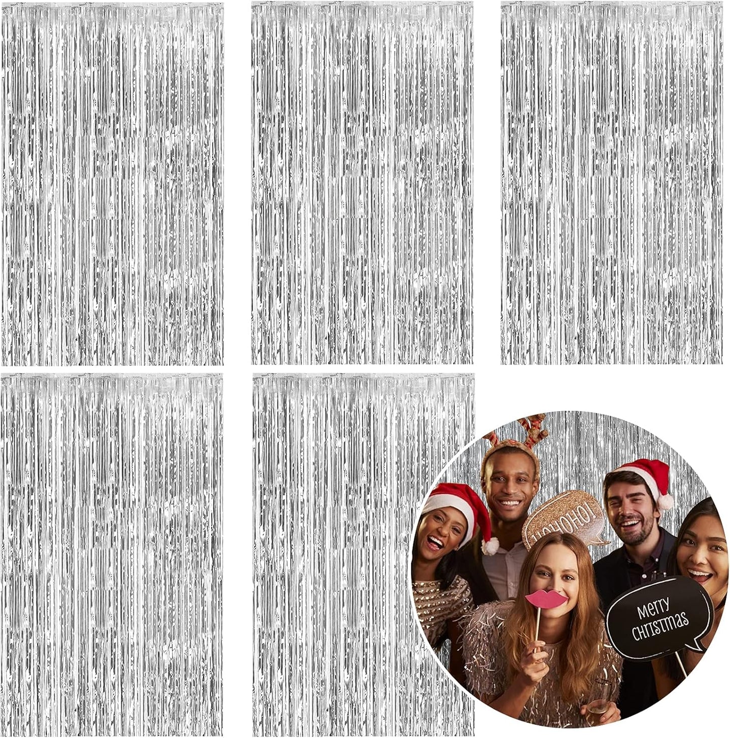 Skiennix Foil Curtain Backdrop - Silver Metallic Tinsel Fringe for Photo Booths | 5 Pack Party Decorations