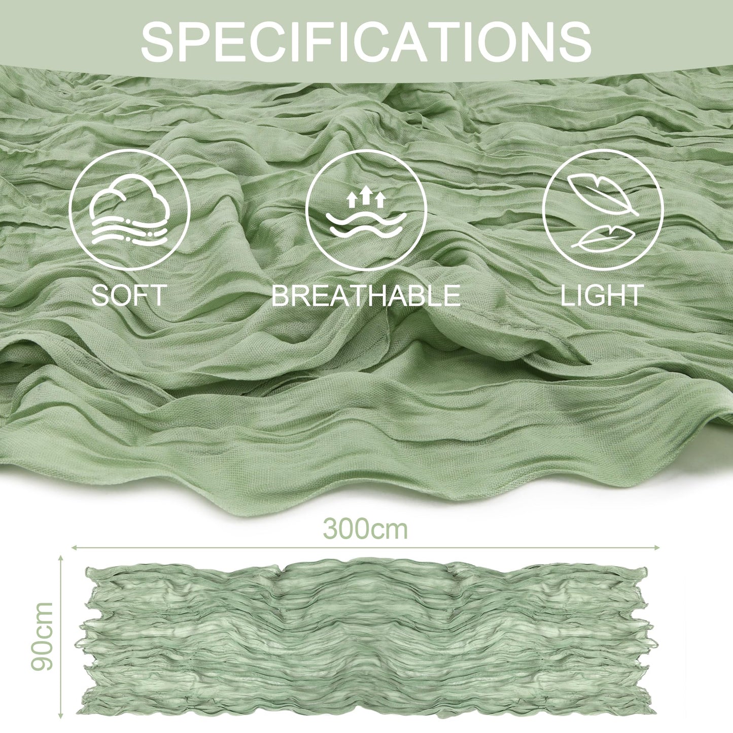 QINJIEJIE Table Runner Cheesecloth 120 Inches Boho Gauze Cheese Cloth 10FT Sheer Table Runner for Summer Home Decor Birthday Wedding Baby Bridal Shower Holiday Party Decoration Sage Green