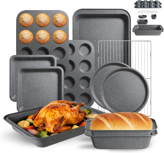 Professional Grade Nonstick Baking Pans Set by [Brand Name] - 11-Piece Carbon Steel Bakeware, Oven Safe to 450°F, Dishwasher Safe, Stackable | Steel Gray