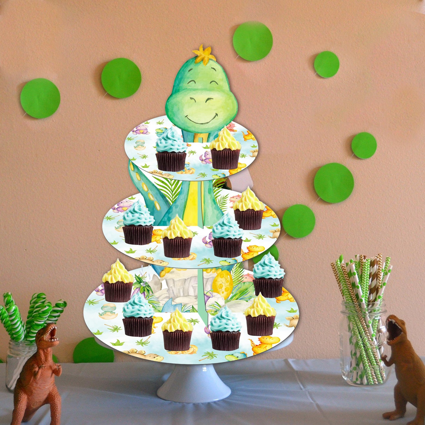 Dinosaur Cupcake Stand 3-Tier Cake Cupcake Holder Dinosaur Baby Shower Decoration for Dino Roar Theme Birthday Party Baby Shower Supplies