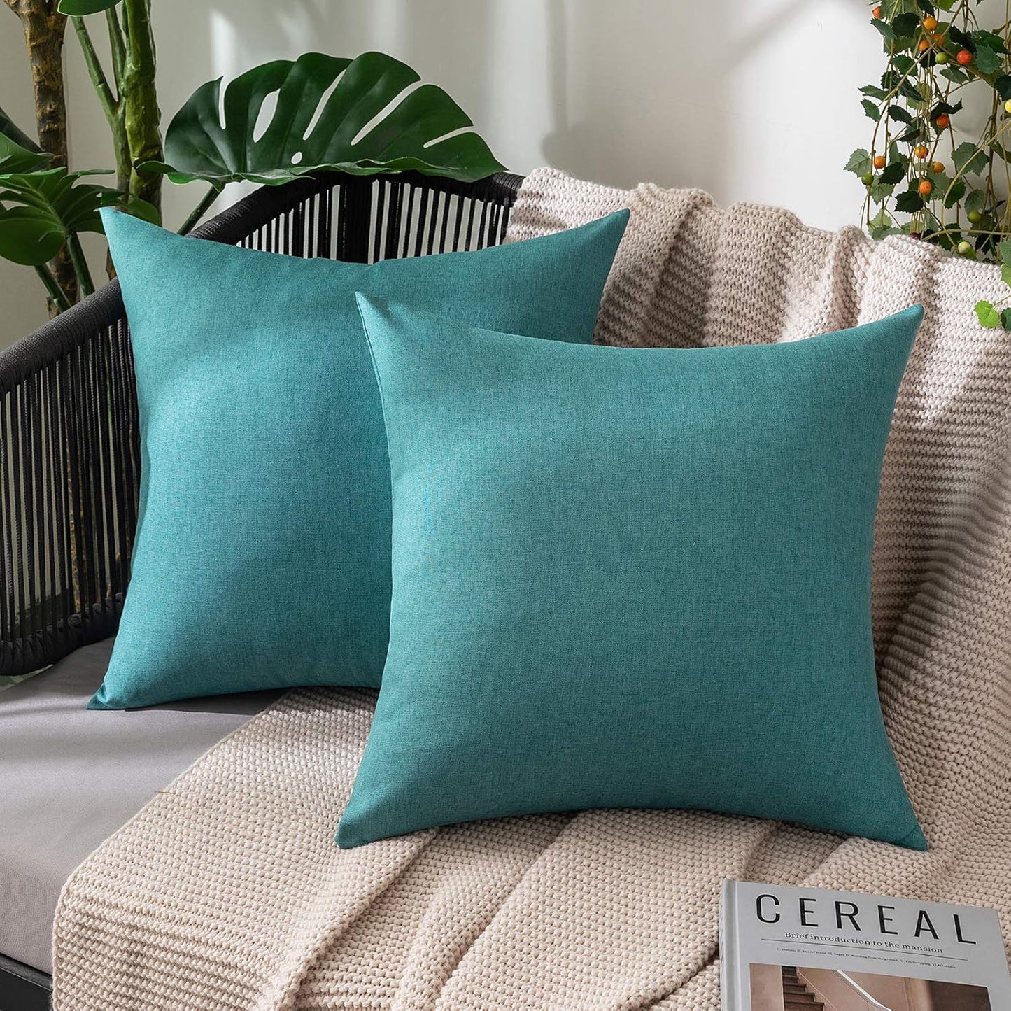 MIULEE Decorative Outdoor Throw Pillow Covers - Waterproof Faux Linen Cushion Cases | 26x26 Inch Turquoise (Pack of 2)