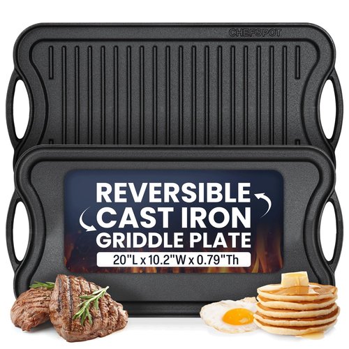 CHEFSPOT Griddle Pan for Stove Top – 20" Reversible Cast Iron Double Burner Griddle Plate, Multi-Use Preseasoned Pancake Pan with Handles - Works on most Stovetops, Grills, and Fire