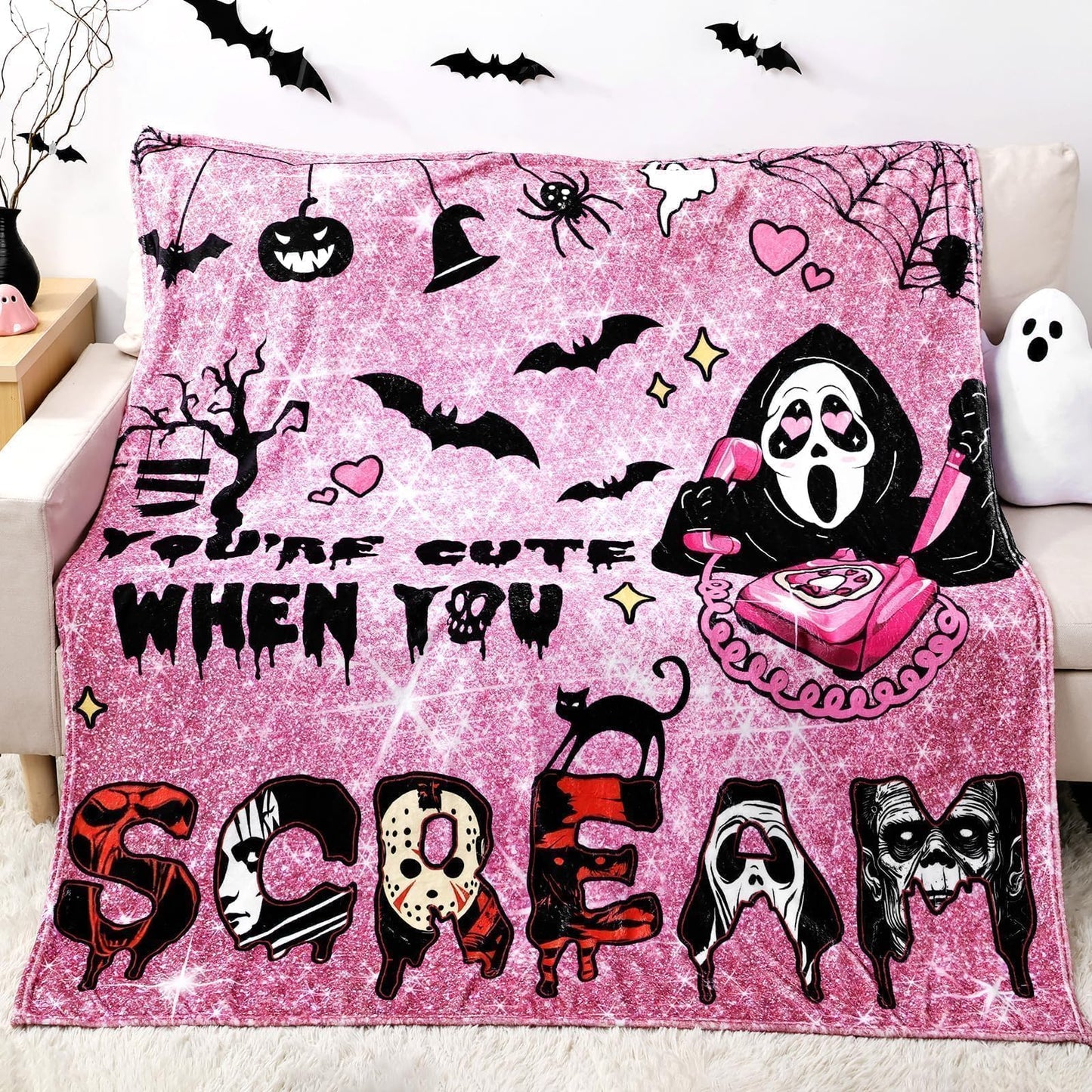 Halloween Throw Blanket Pink: Ultra Soft Ghost Flannel Blanket with Horror Movie 60"x 60", Lightweight Plush Comfy Blanket Halloween Decor for Bed, Couch, Sofa, Living Room, Office, Indoor