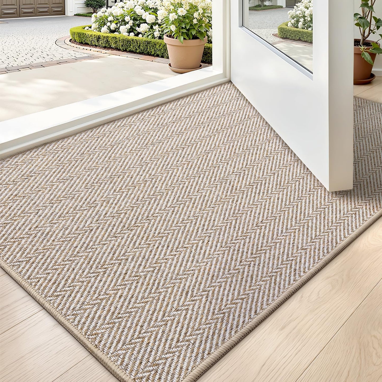 LUMI Ultra Thin Indoor Door Mat - Non-Slip Entryway Mat with Unique Herringbone Design | 24"x36", Beige