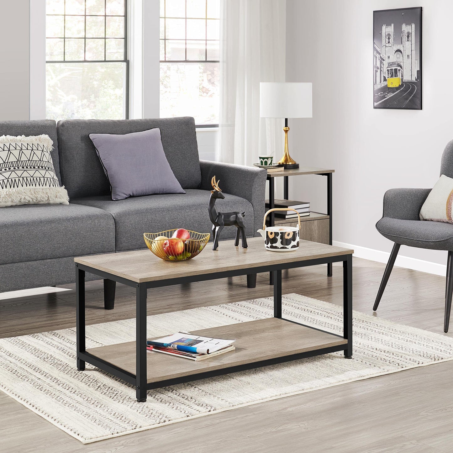 Yaheetech 39.5" 2-Tier Coffee Table with Storage Shelve, Industrial Gray Coffee Table, Easy Assembly, Wooden Center Tables for Living Room & Small Space, Gray