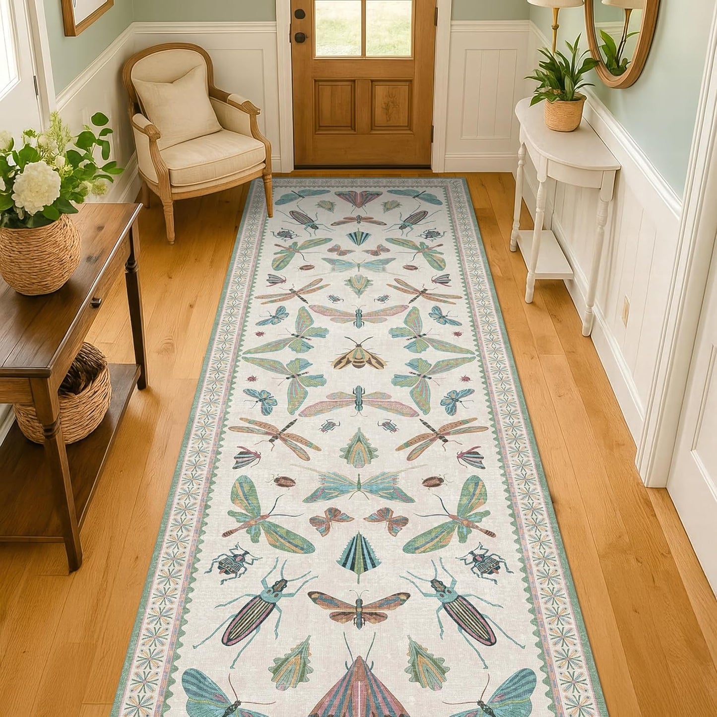 Skiennix Insect Print 8ft Hallway Runner Rug - Light Green, Washable Non-Slip Design for Entryways