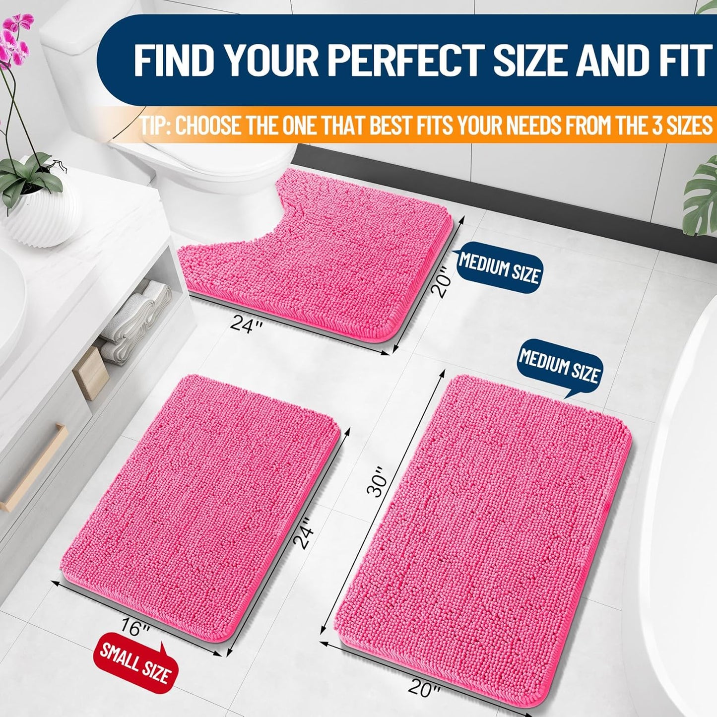 OLANLY Bath Rugs - Extra Soft Chenille with Rubber Backing | Quick Dry, Machine Washable, 30x20, Hot Pink