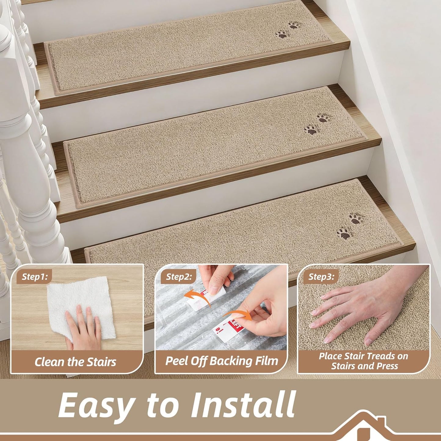 BEQHAUSE Non-Slip Carpet Stair Treads | Soft Indoor Stair Runners, 28"x9", 15pcs, Beige - Machine Washable