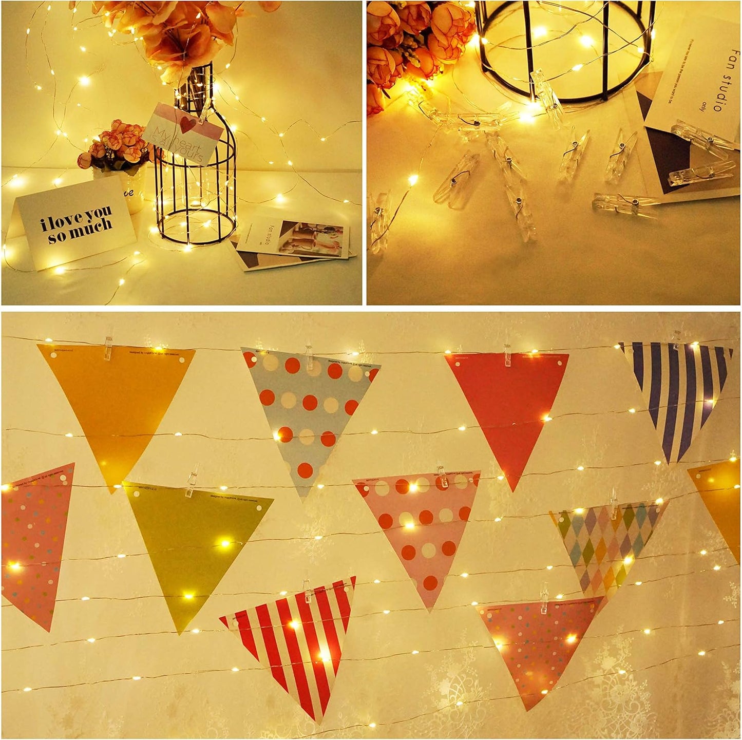 Romote 100 LED Photo Clip String Lights - USB Powered Fairy Lights with 50 Clear Clips for Wedding & Party Decor