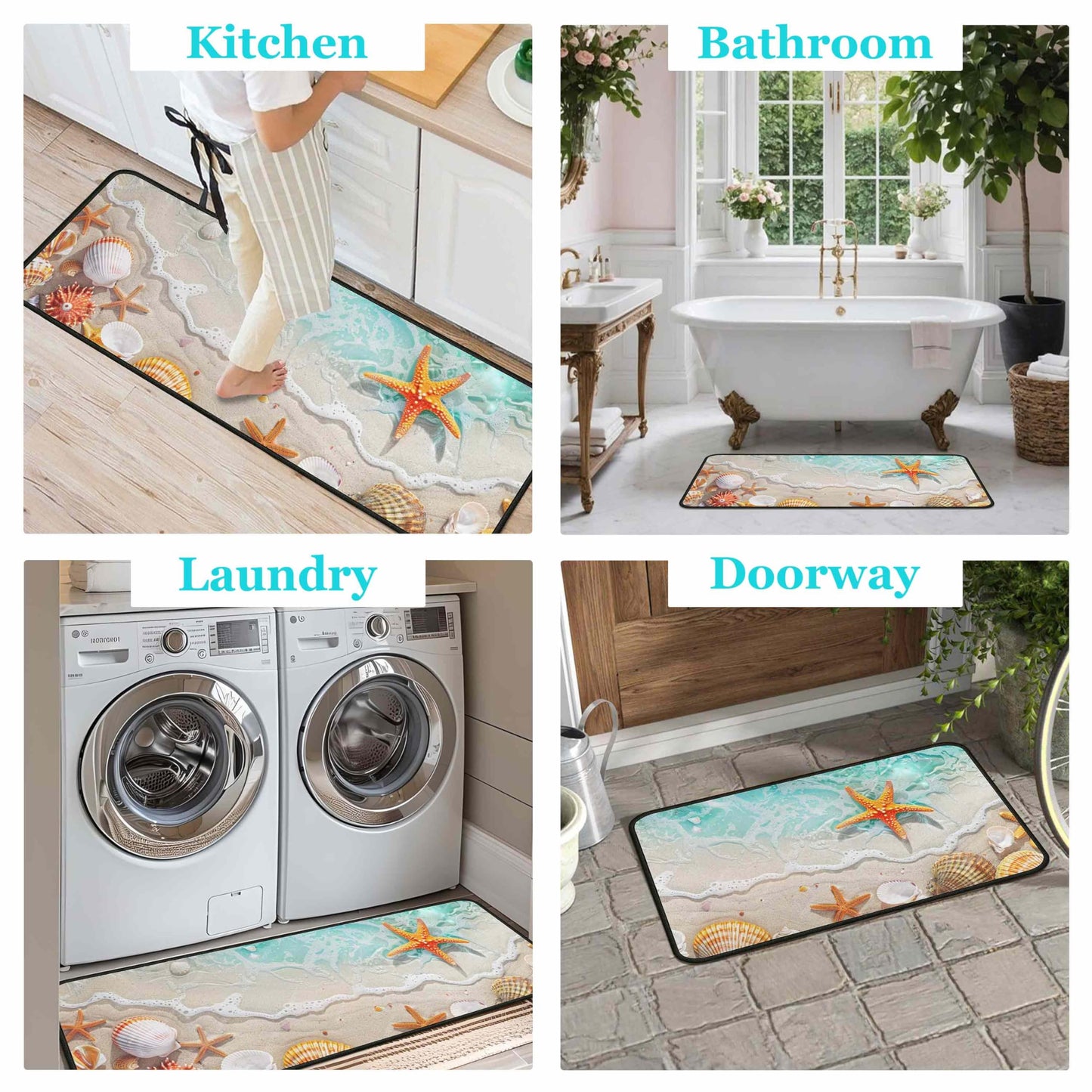 Lumiprinta Ocean Theme Tropical Beach Seashell Starfish Decorative Kitchen Rugs and Mats Set of 2, Low-Profile Floor Mats Decorations for Home Kitchen 17"x47"+17"x30"
