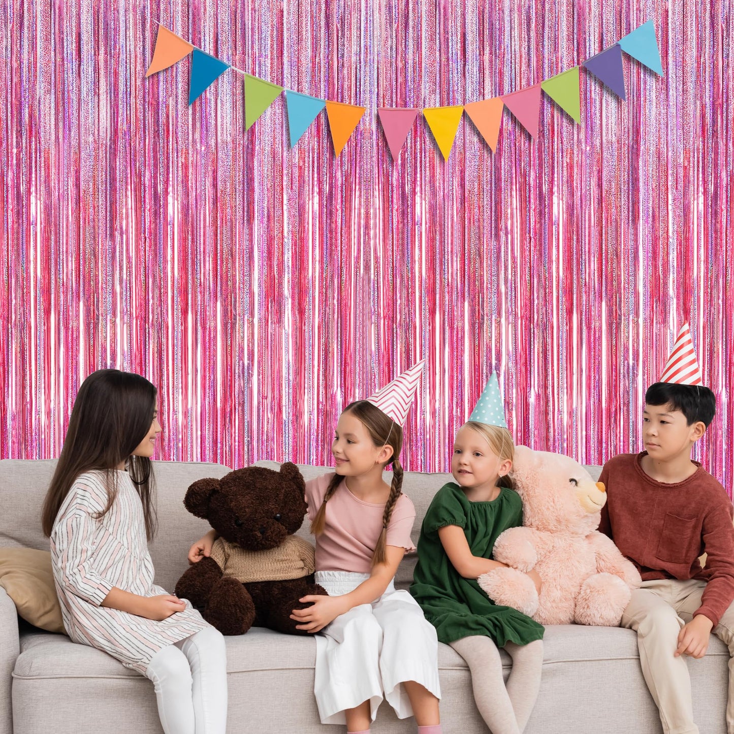 8 Pack Pink Backdrop, 3.28 FT x 7.05 FT Fringe Curtains, Metallic Glitter Pink Fringe Party Streamer Foil Curtains Tinsel Backdrop, Pink Decorations Bachelorette Valentines Day Party Supplies
