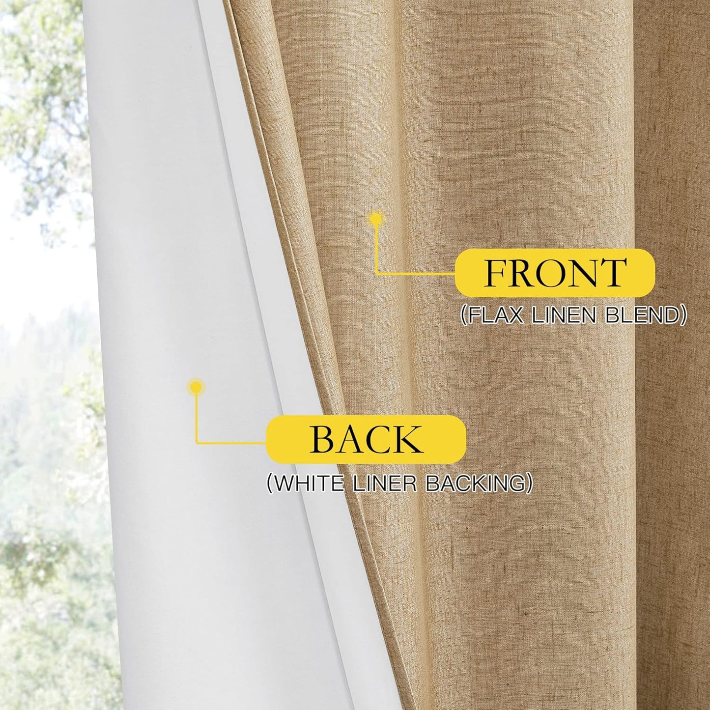 NICETOWN Blackout Linen Curtains - Thermal Insulated White Liner, Camel, 42" x 63", 2 Pieces | Bedroom & Kids Room Drapes