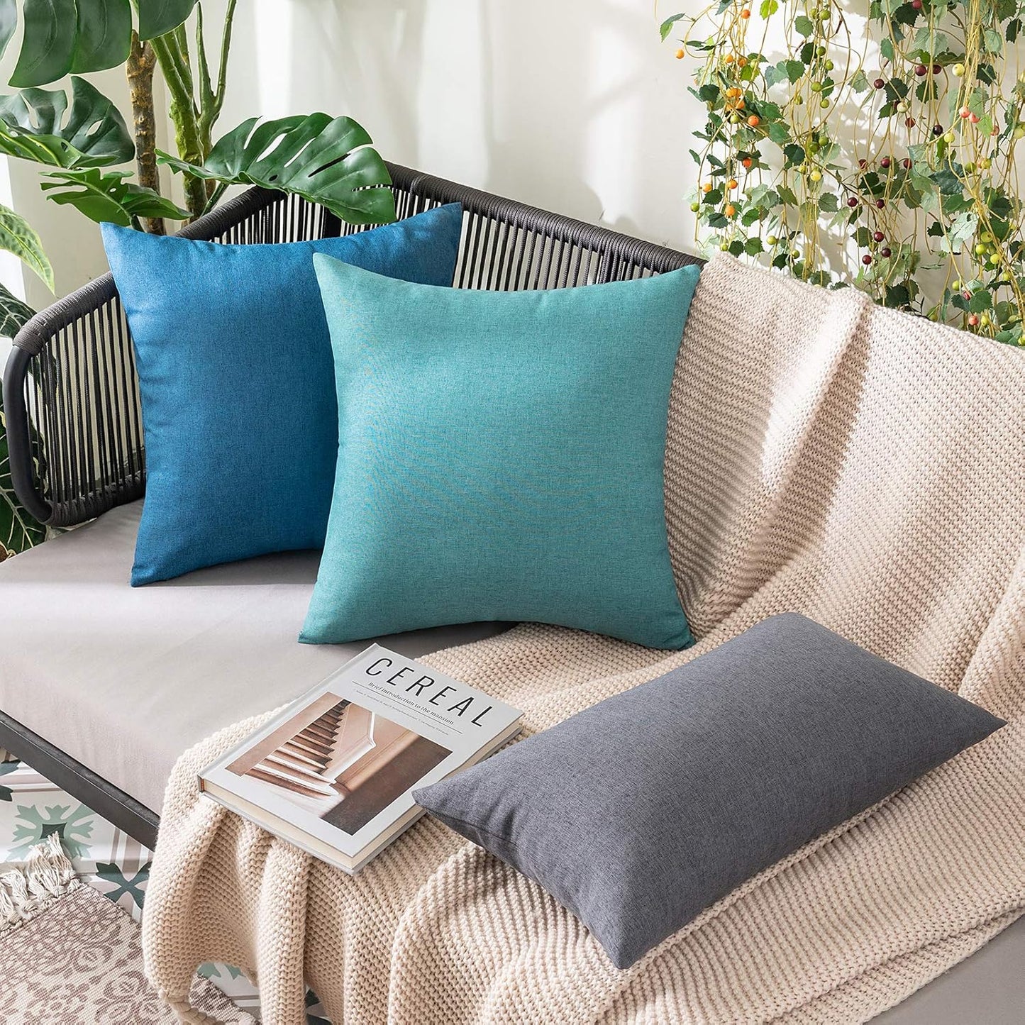 MIULEE Decorative Outdoor Throw Pillow Covers - Waterproof Faux Linen Cushion Cases | 26x26 Inch Turquoise (Pack of 2)