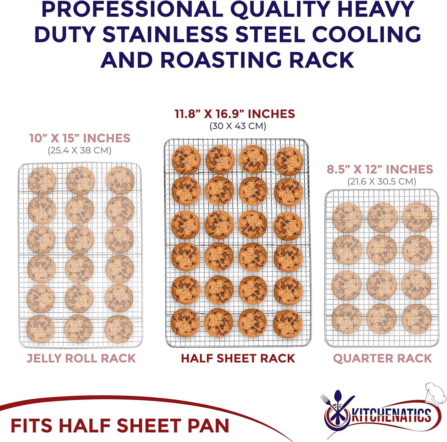 KITCHENATICS Stainless Steel Cooling Racks - Heavy-Duty Baking & Roasting Grids | Fits 13x18 Half Sheet Pans | Oven-Safe to 575°F, Set of 2