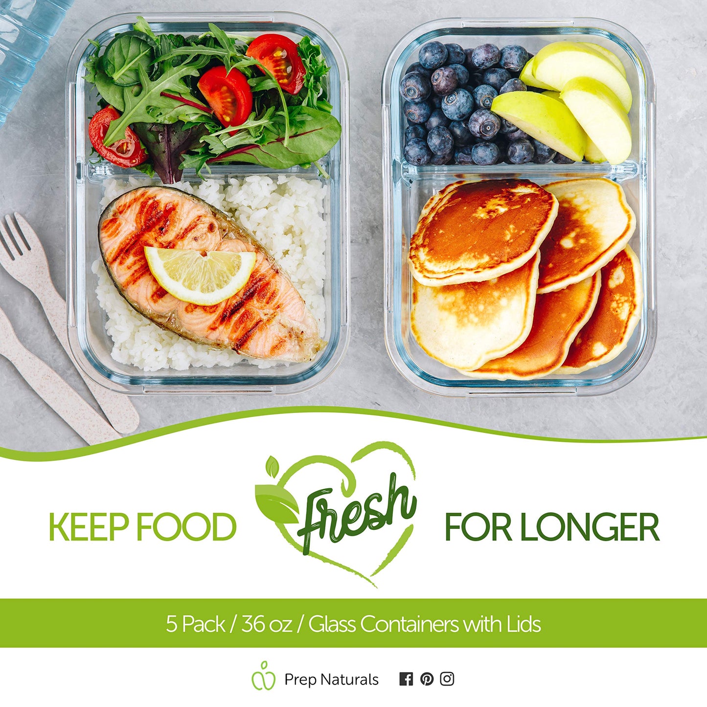Prep Naturals 36oz Glass Meal Prep Containers - Airtight Glass Food Storage Containers with Lids - Dishwasher, Microwave & Oven Safe Meal Prep Bowls - Pack of 5, 36 Oz, 2-Compartment, Clear
