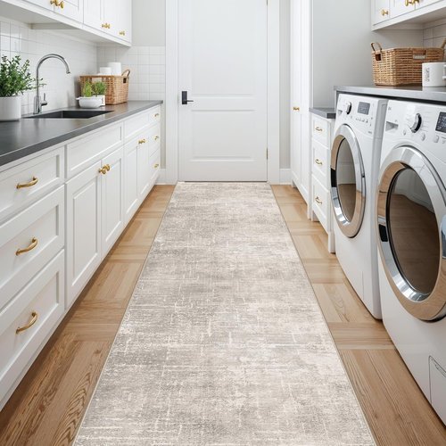 Hallway Washable Runner Rug - Stain Resistant Abstract Design | Soft Non-Slip Indoor Carpet (2'6x14, Beige/Cream)
