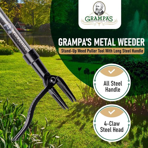 Grampa's Metal Weeder - Stand-Up Weed Puller Tool with Durable Steel Handle & 4-Claw Head - Effortlessly Remove Weeds (Green)