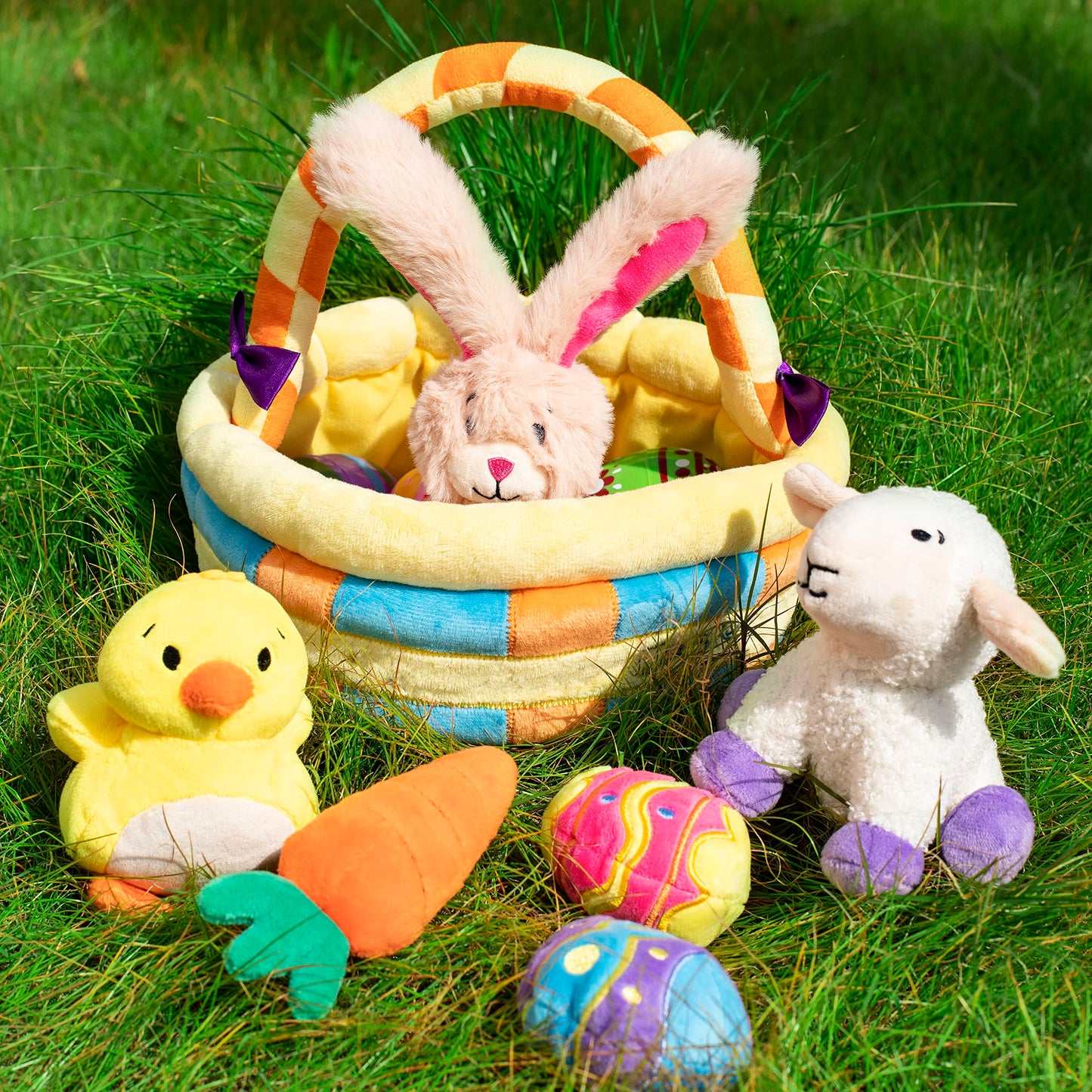 JOYIN 7 PCS Easter Basket Plush Playset Stuffers with Lamb Bunny Chick Carrot Egg Toys, Easter Party Favors Decorations Gifts Supplies for Baby Girls Boys Toddler Kids of All Ages