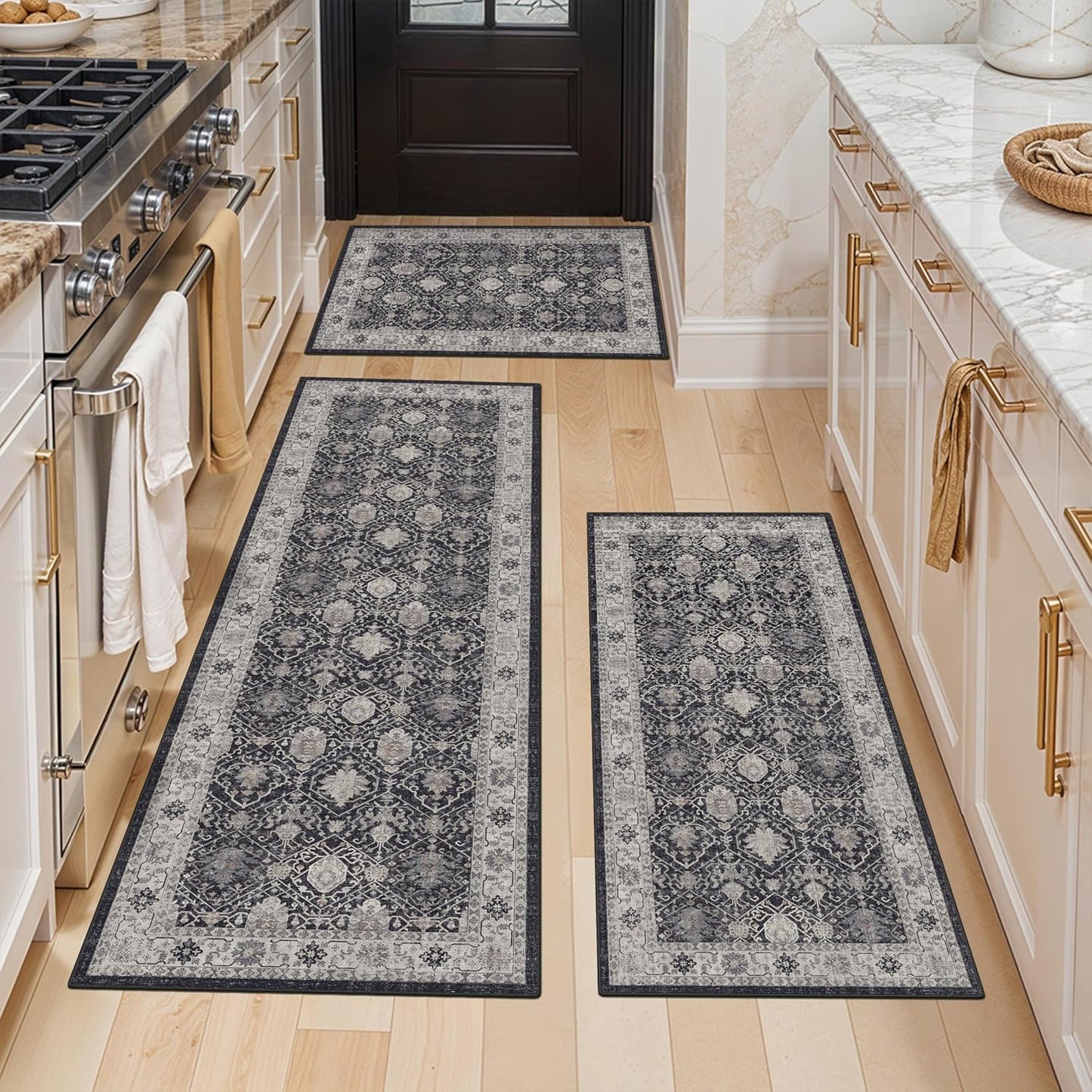 Skiennix Kitchen Rug Set - Washable Non-Slip Floor Mats for Sink & Stove | Cozy Black Runners (2x3, 2x4, 2x5)