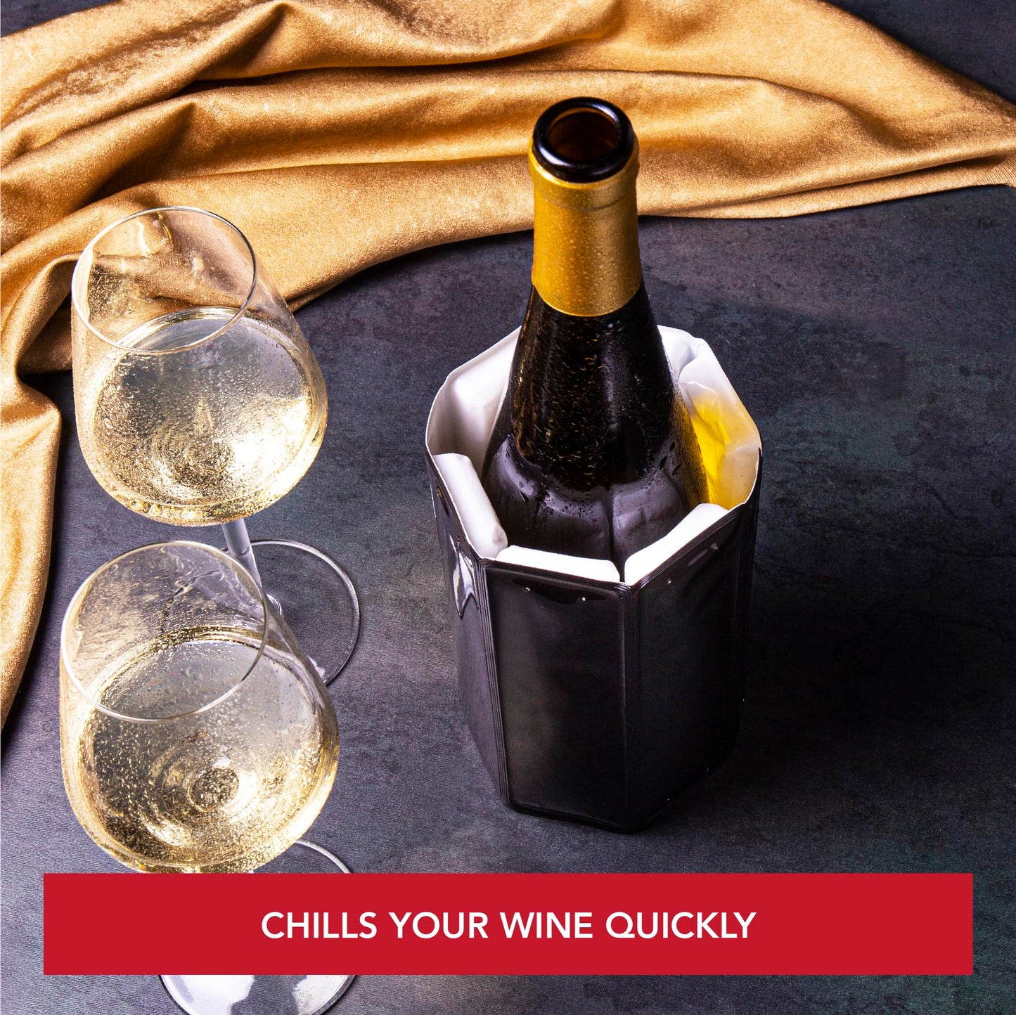 Vacu Vin Wine Cooler Sleeve – Platinum – Flexible Rapid Wine Bottle Chiller – Reusable Ice Pack Sleeve – Elegant & Portable – Fits 750ml Bottles – Keeps Wine Cold in Minutes