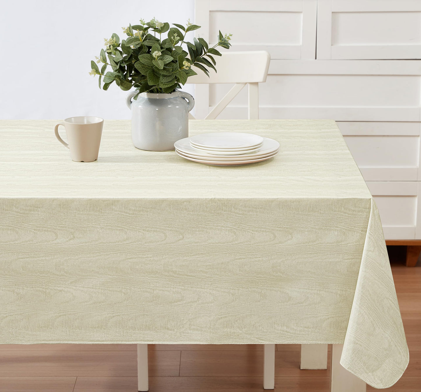 Newbridge Vinyl Flannel Backed Tablecloth, 60 x 84 Inch Rectangle, Beige Moire Wavy Solid Design, Heavyweight Indoor Outdoor Waterproof Table Cover, Easy Care Wipe Clean