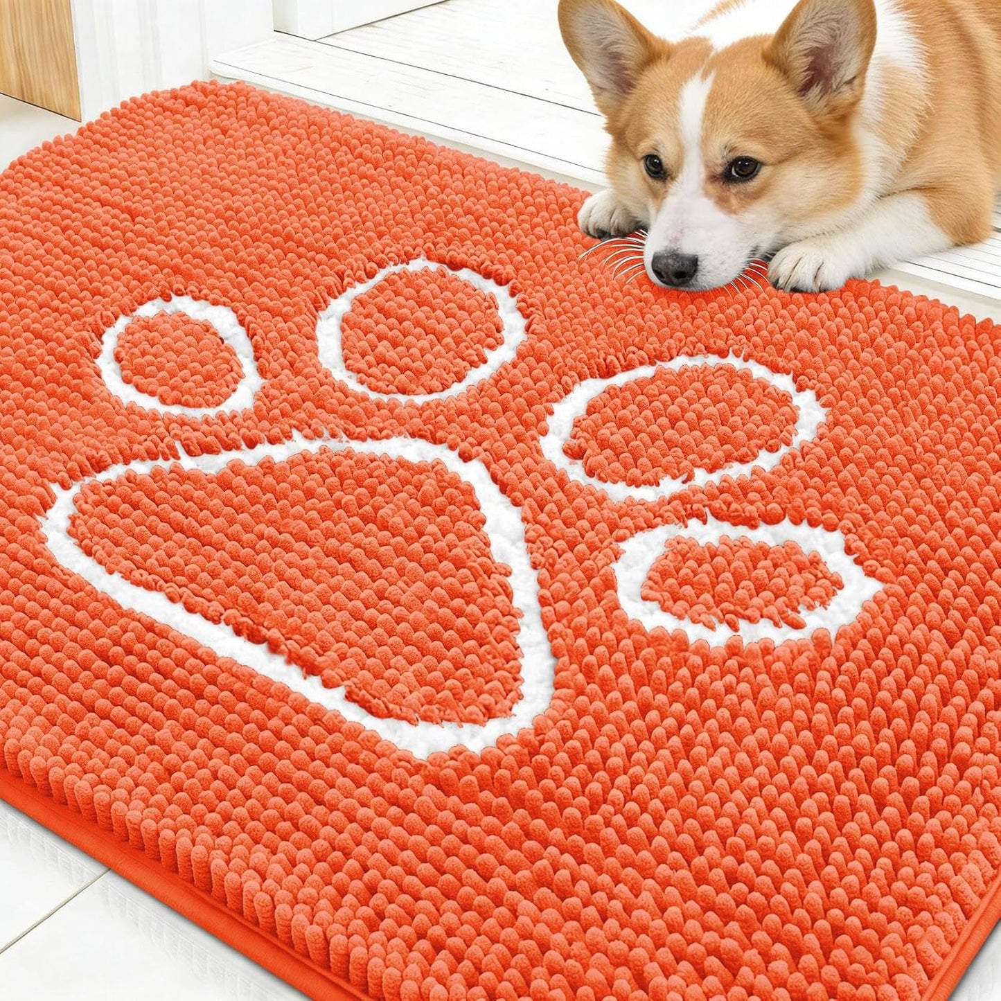 OLANLY Dog Door Mat - Absorbent Non-Slip Muddy Paws Design | Quick Dry Chenille 30x20 Coral