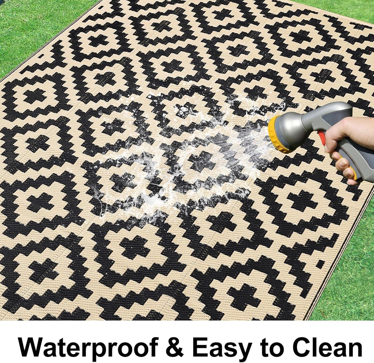 Smiry Waterproof Outdoor Rug - Reversible 5x8 ft Plastic Straw Mat for Patio & Camping - Black & Beige