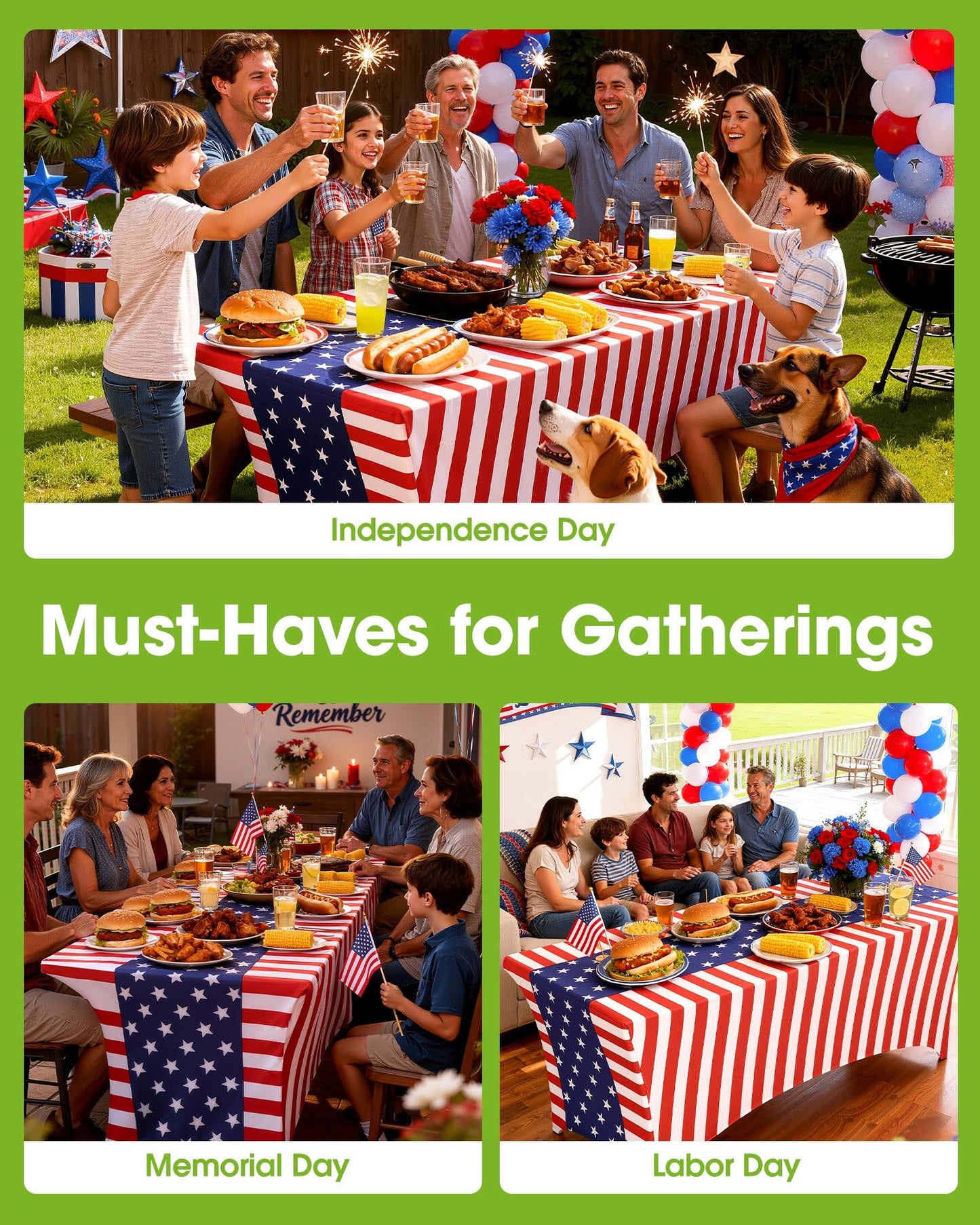 Pureegg 4th of July USA 250th Anniversary Spandex Tablecloth 6ft - 2 Pack, Patriotic American Flag Fitted Stretch Table Cover for 6 ft Rectangle Table, Tablecloth for Independence Day Party