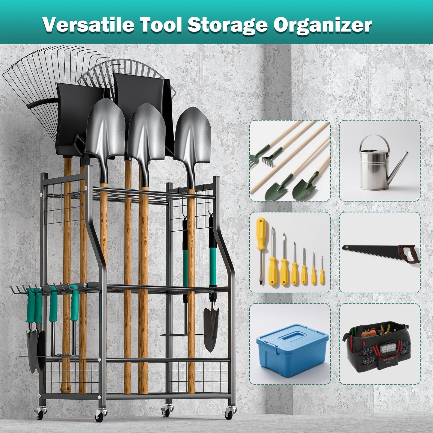 EVERHANGER Garden Tool Organizer Stand, Garage Tool Storage Organization, Yard Tool Racks with lockable wheels, Fit for Long-Handled Tools/Rakes/Brooms, Indoor/Outdoor Use