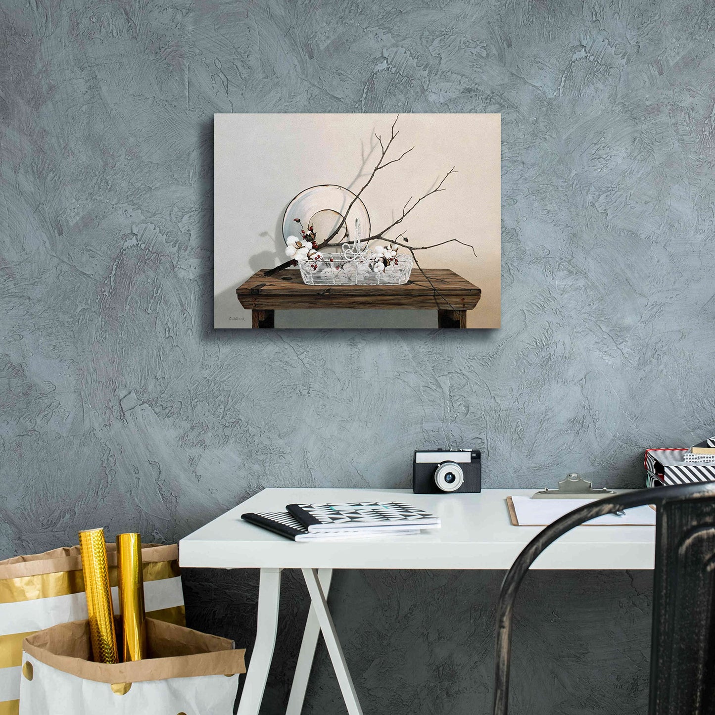 Epic Graffiti 'Wire Basket with Cotton' by Cecile Baird, Canvas Wall Art, 16"x12"