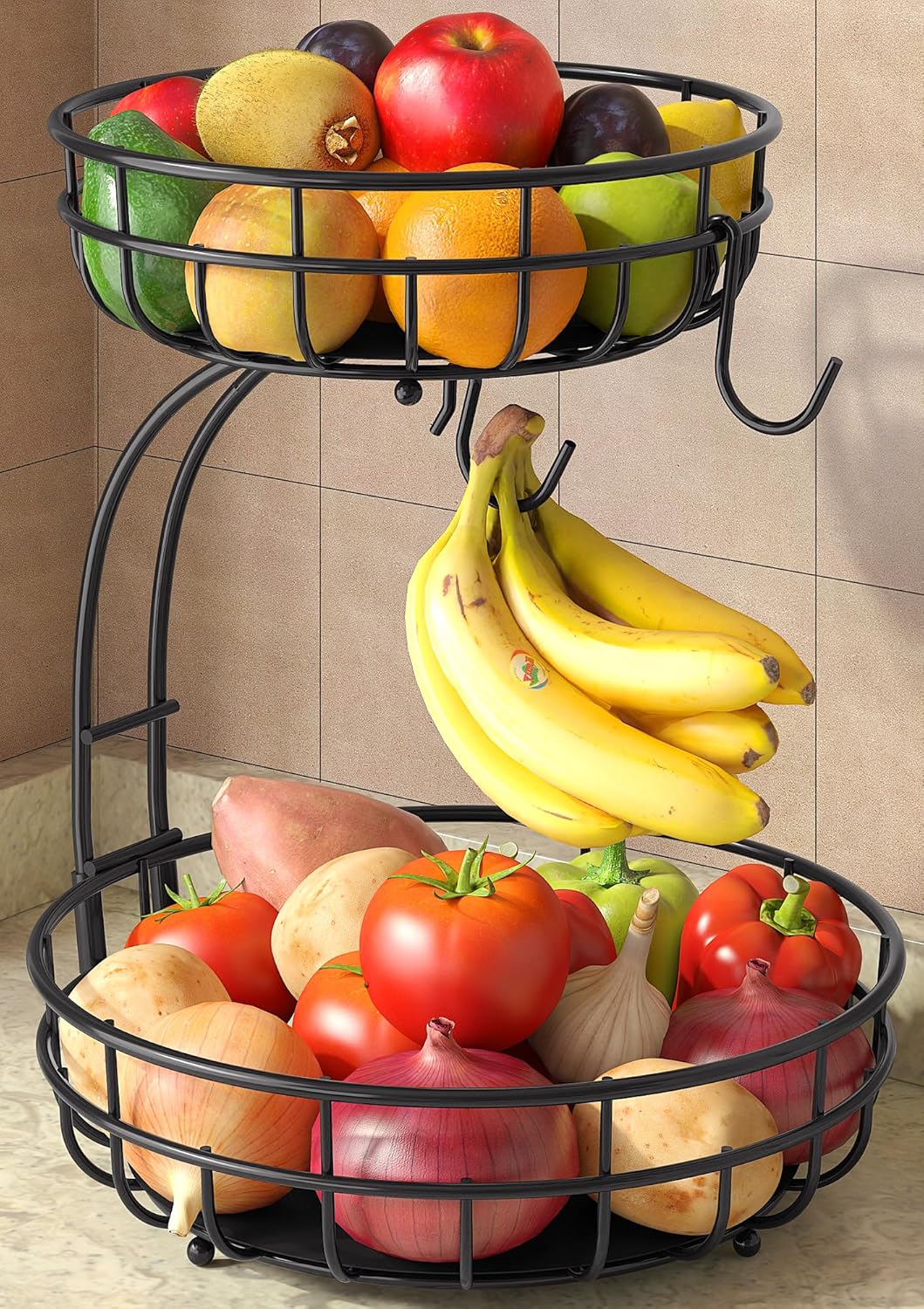 Sevenblue 2-Tier Large Fruit Basket - Sturdy Iron Kitchen Counter Bowl with Removable Banana Hanger | Black