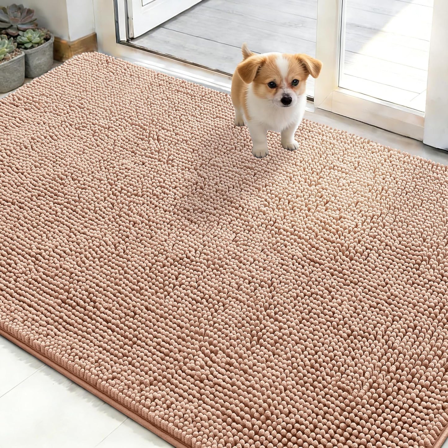 OLANLY Dog Door Mat - Absorbent Non-Slip Mud Mat for Indoor Use | Quick Dry Chenille, 48x30, Peach