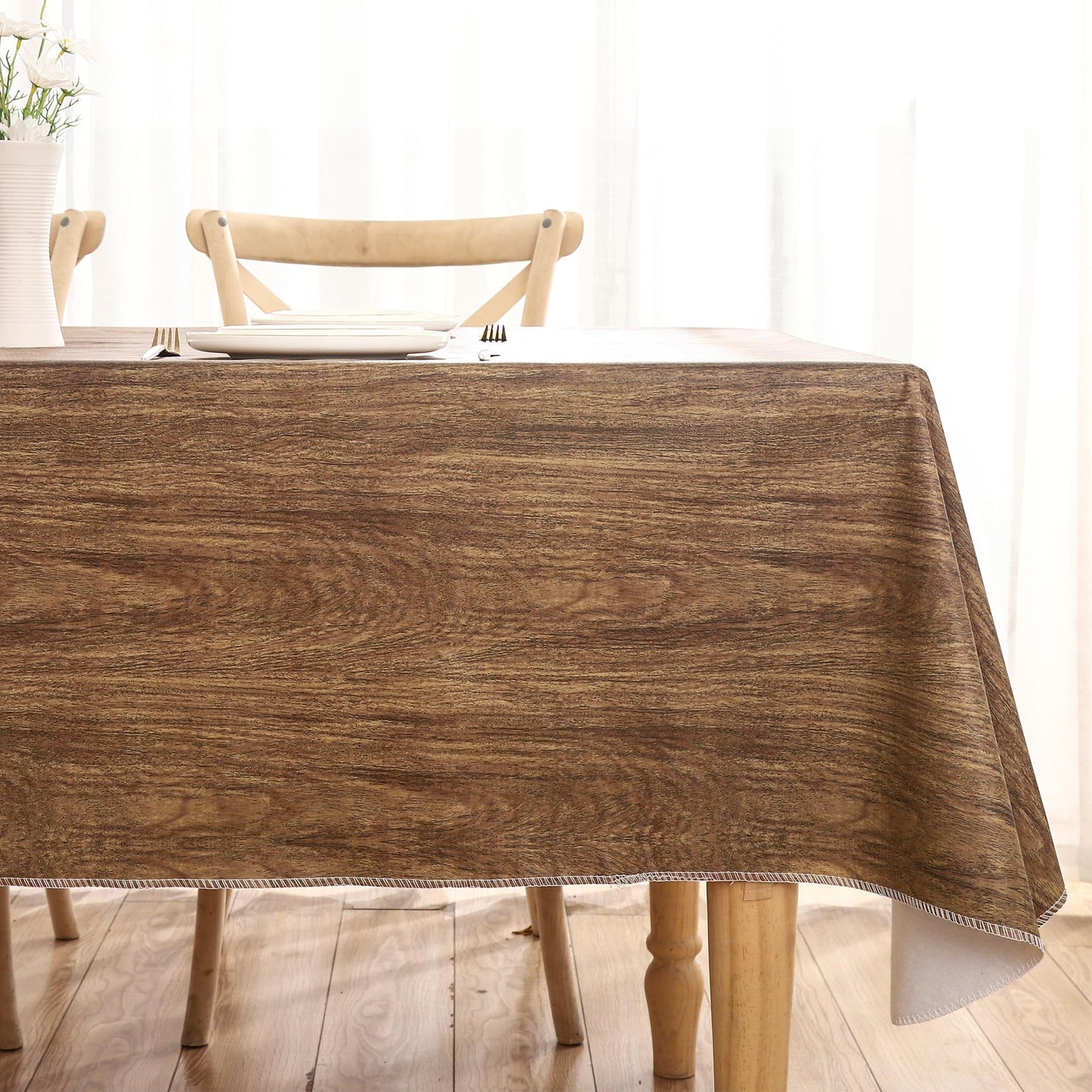 Walrus Heavy Duty Vinyl Tablecloth with Flannel Backing Waterproof Oil-Proof Plastic Table Cloth Stain-Resistant Wipeable Rectangle or Square Table Cover for Indoor and Outdoor (Wood, 60X84 Inch)