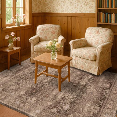 Hazo Haus Boho Taupe Brown 5x7 Area Rug - Modern Vintage Non-Slip, Washable Low Pile for Living Room & Dining